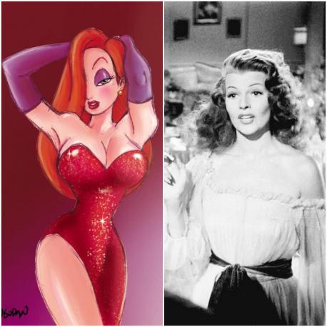 Here are a few more inspirations. The famous Jessica Rabbit was actually inspired by three movie stars: Rita Hayworth, Veronica Lake, and Lauren Bacall. First appearing as Roger Rabbit's wife in the 1998 animated feature Who Framed Roger Rabbit? the character was quite a controversial one; with many upset with the curvaceous, sometimes slutty figure and suggestive dialogue. Do you see the resemblance?