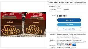 If you ordered a 10-pack, they came packed in a custom cardboard box. Resells of the limited-edition merch and Timbits have already cropped up online. And, empty Timbiebs boxes have been seen selling for up to a $950K on Facebook Marketplace, and other resell sites. That's right, completely empty boxes, although some do include some crumbs. Would you ever think an empty donut hole box would have a market, let alone at these prices?