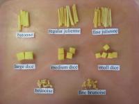 To dice is to cut an item into cubes. The techniques described here are the most often used when uniformity of size and shape is important. Have you ever used these knife skills in your cooking such as; Julienne, Batonnet, Brunoise, Small dice, Medium dice, Large dice, Paysanne?