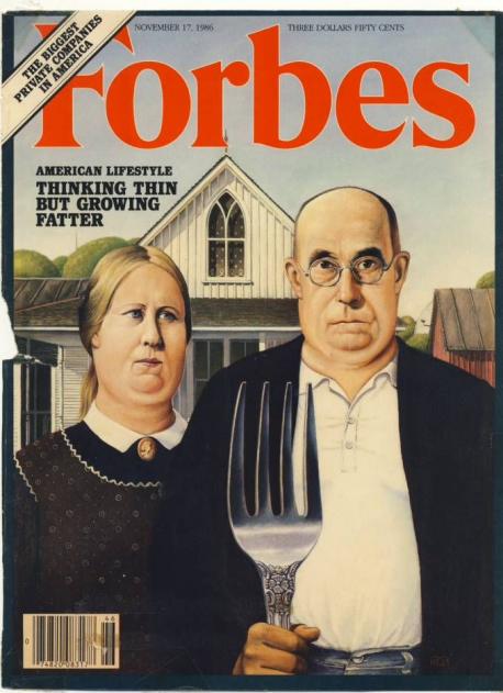 American Gothic - Grant Wood did this 1930 painting. The Dibble House in the background is a real place in Eldon Iowa. While one may not consider a magazine cover advertising, I'd argue it is, making the reader want to pick up a copy. I've seen this used for fast food places, sunglasses, electronics. In any case, does this painting bring to mind the opening of the 60's show Green Acres to you?