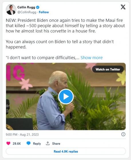 Biden later addressed another crowd at the Lahaina Civic Center, where he drew a parallel between the deadly inferno, which has reportedly claimed more than 480 lives, and the near-loss of his beloved '67 Corvette as the result of a kitchen fire. 