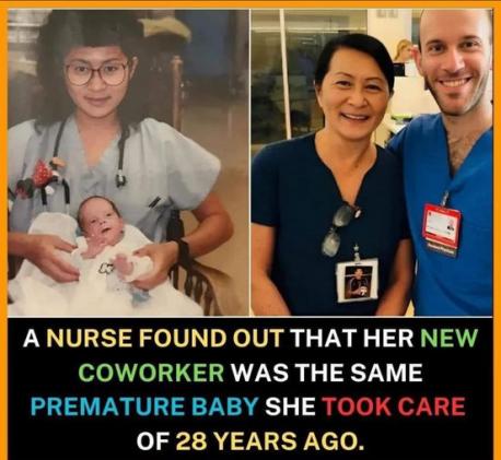 The photo on the left is a young nurse posing with a premature baby that she cared for. On the right is the same but older nurse (28 years later) posing with her co-worker who happens to be that newborn baby years ago. Does this remarkable reunion warm your heart?