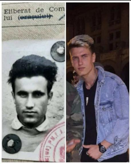 This is not a recreated photo but photo of a grandfather (BW photo) and his grandson (color photo) at the same age of 19. Do you see the family resemblance 2 generation apart in this photo?