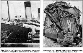 September 20, 1911, Olympic unintentionally collided with British warship HMS Hawke (designed to sink ships by ramming them). Despite massive damage, there were no fatalities, and Olympic made it back to port without sinking. (The left photo shows Olympic, and the right is Hawke.) Considering that Olympic's hull was breached below the water line, are you surprised the liner made it back to port?