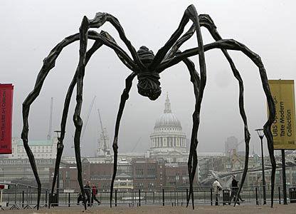 Ontario - I apologize in advance if you have arachnophobia. Maman (a familiar French word for Mother) is a bronze, stainless steel, and marble sculpture by the artist Louise Bourgeois. The sculpture, which depicts a spider, is among the world's largest, measuring over 30 ft high and over 33 ft wide (927 x 891 x 1024 cm). It includes a sac containing 32 marble eggs and its abdomen and thorax are made of ribbed bronze. It is one of six such spiders built by the acclaimed artist who was 95 at the time of their design. Have you ever visited this sculpture?