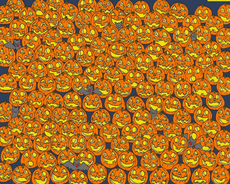 All these puzzles are from Hungarian artist Gergely Dudás. Other popular puzzles the brain-teasing artist has given his fans are polar bear among ghosts, an egg among bunnies, and a cat among owls. Let's try another one. So, are you able to find the jack-o'-lantern without a nose?