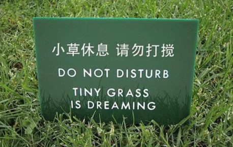 Rather than ordering you to stay off the grass, this sign asks you to respect the rest and relaxation of the plants. After all, the grass is peacefully dreaming. You don't want to ruin that by tromping through the greenery, turning their pleasant dreams into a nightmare. Do you respect stay off the grass signs?