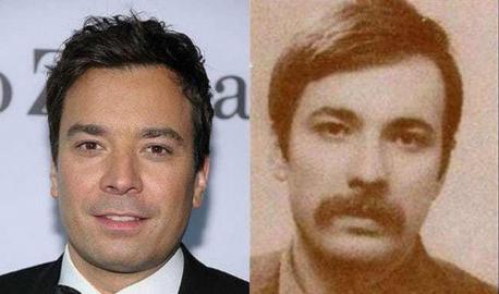 Jimmy Fallon and Mahir Cayan - I guess when Jimmy Fallon saw a picture of the Turkish revolutionary Mahir Cayan, he was quite surprised. Fallon's headshot could easily pass for Cayan! Except for the mustache, Cayan and Jimmy Fallon look like the same person. Celebrity doppelgänger from history! Without a doubt. Do you see the resemblance?